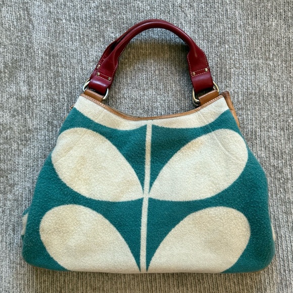 Orla Kiely Wool Blend Stem Tote Bag with Leather Handles – Teal Cream Red - Picture 1 of 9